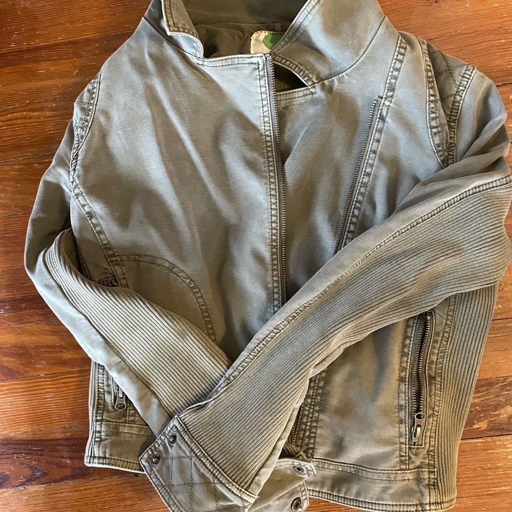 Anthropologie Easy Moto Jacket Womens Olive Green Full Zip Cotton Ribbed